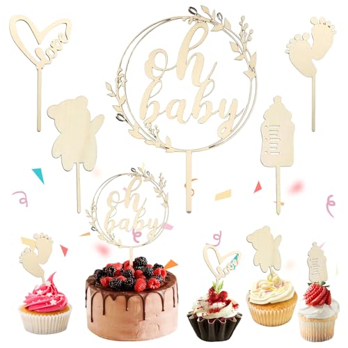 LunarCharm 5 Stück Oh Baby Cake Topper Holz, Oh Baby Tortendeko für Babyparty Baby Shower Deko, Gender Reveal Partydeko, Kindertaufe schmücken Tortenaufsatz von LunarCharm