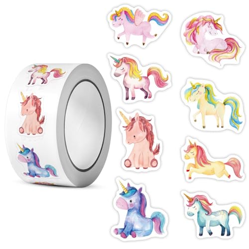 LunarCharm 500 Stück Einhorn-Sticker, runde Einhorn-Aufkleber, Belohnungssticker mit Einhornmotiven, runde Aufkleber mit Einhörnern, Tiermuster-Sticker für Kinder von LunarCharm