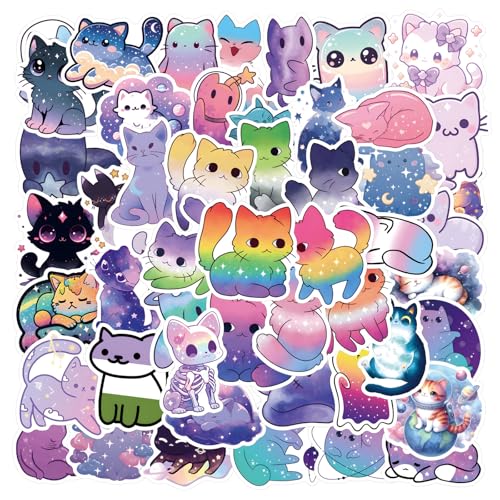 LunarCharm 55 Stück Cute Katzen Sticker, Katzensticker, Cartoon Regenbogen Sternenhimmel Katzen Aufkleber, niedliche ästhetische Katzen-wasserdichte Aufkleber von LunarCharm