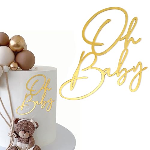 LunarCharm Oh Baby Cake Topper Gold Acryl, Oh Baby Kuchen Topper Babyparty Tortendeko, Windeltorte Gender Reveal Partydeko Kuchenaufsatz Deko für Baby Shower von LunarCharm