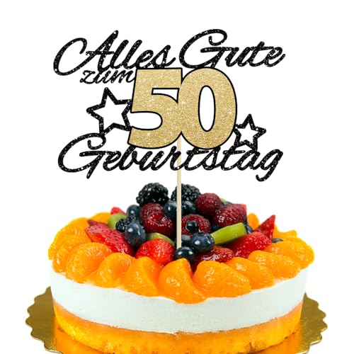 LunarCharm Torten Deko 50. Alles Gute zum Geburtstag schwarz-goldener Glitzer 50 Jahre Happy 50th Birthday Cake Topper Kuchen Topper Kuchendeko 50 Geburstagstorte Deko von LunarCharm