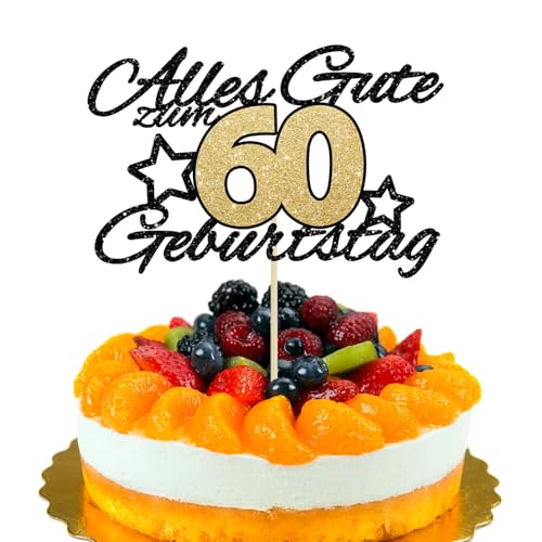 LunarCharm Torten Deko 60. Alles Gute zum Geburtstag schwarz-Goldener Glitzer 60 Jahre Happy 60th Birthday Cake Topper Kuchen Topper Kuchendeko 60 Geburstagstorte Deko von LunarCharm