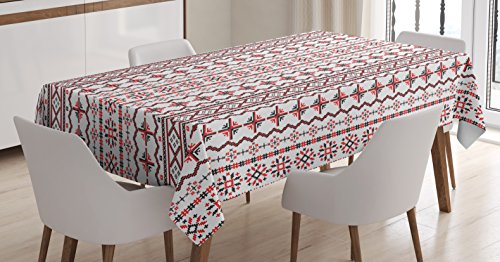 Lunarable Traditionelle Tischdecke, klassisches osteuropäisches rumänisches Muster mit Schneeflocken-Chevron-Pixel-Design, rechteckige Tischdecke, 132,1 x 177,8 cm, Schwarz / Rot von Lunarable