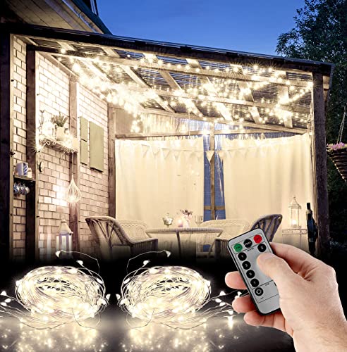 Lunartec Lichtervorhang warmweiss: 2er-Set Outdoor-Lichtervorhänge, 300 LEDs, Fernbedienung, 3x3 m, weiß (LED Lichtervorhang mit Timer, LED-Lichtervorhang warmweiß, Fernbedienungen) von Lunartec