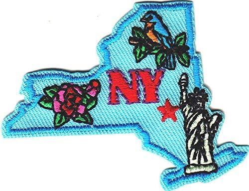 New York State Shape Iron on Patch Big Apple Featuring The Statue of Liberty and The Eastern Bluebird von Lunch Money