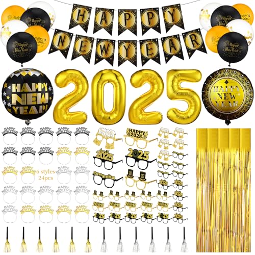 Lunmon 109-teiliges Silvester-Partyzubehör-Set 2025 Happy New Year Dekorationen Kit enthält Banner Stirnbänder Brille Luftballons Squawker und Fransenvorhang Neujahrsparty-Zubehör von Lunmon