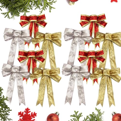 12 Stück Weihnachtsschleifen, Glitzer Weihnachtsbaum Schleifen Weihnachtsbaumschmuck für Familienfeiern Party Dekoration für Weihnachten Urlaub Hochzeit Feierlichkeiten(Rot Gold Silber) von Lunpog