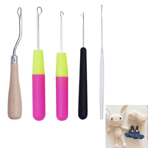 Häkelnadel Set,Latch Hook Kit,5 Größen Haarverlängerung Nadel, Bunte Knüpfnadel Haar Häkelnadel, Gebogene Microring Nadel Crochet Needle für Haarverlängerung oder Teppich Herstellung von Lunpog