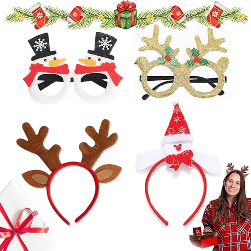 Lunpog 4 Stück Weihnachts Haarreif Partybrille, Weihnachtsstirnband und Weihnachtsbrillen-Set, Weihnachts Dekoration, Party Favors von Lunpog