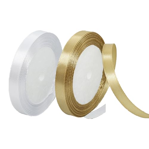 Weiß und Gold Geschenkband, 10 mm x 22 m Satinband Seidenband Seidenbänder, Schleifenband Satin Stoff Band für Hochzeit, Weihnachten, Geschenk, Dekoration von Lunpog