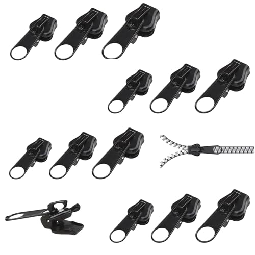 Reißverschluss Schieber Ersatz, 3 Größen Reißverschluss Reparaturset, Abnehmbare Reißverschluss Zipper Pull Fixer Reißverschluss für Kleidung Tasche Gepäck Bettzug (Schwarz,12 Stück) von Lunpog