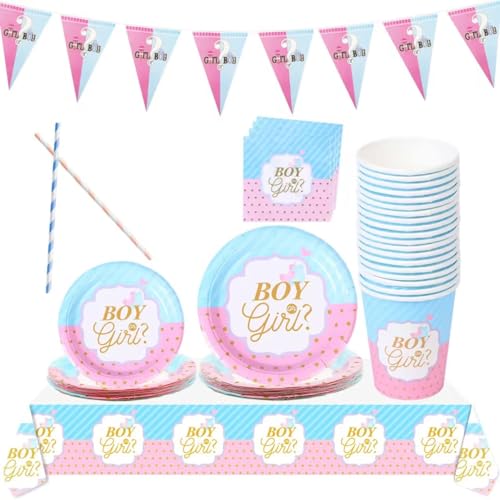 Baby Mädchen Jungen Gender Reveal Party Deko Geschirr Set, 98 Stück Gender Reveal Geschirr Set mit Tellern, Servietten, Tassen für 16 Gäste Gender Reveal Party von Lunriwis