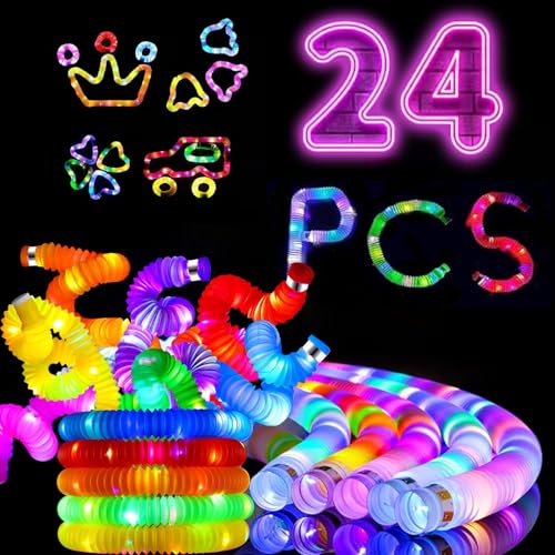 Lunriwis 24 Pack Leuchtendes Pop Röhren Sensorisches Spielzeug für Kinder Geschenke Feinmotorik Kleinkindspielzeug Mini LED Stretchrohr Röhrchen Strumpffüller für Kinder Geschenk von Lunriwis