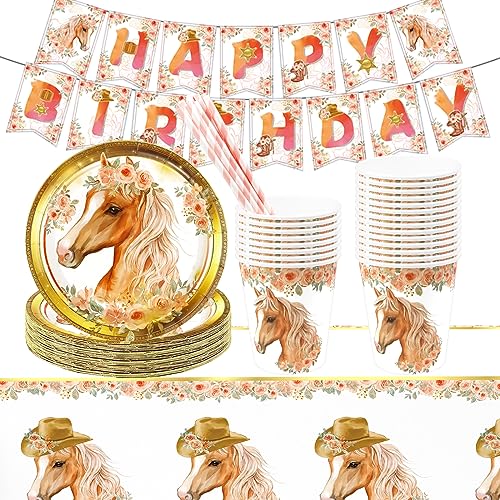 Lunriwis 50 Stück Pferd Geburstag Partygeschirr Set Pferd Geburtstag Deko für 16 Gäste Party kindergeburtstag Papier Teller Becher Strohhalme Pferd Partyzubehör Set von Lunriwis