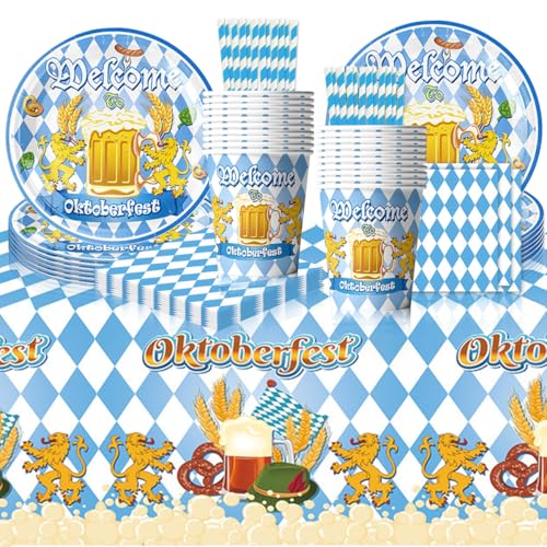 Lunriwis 81 Stück Oktoberfest Partygeschirr Set,Teller, Tassen, Tischdecke ，Strohhalme，Servietten Oktoberfest Party,Blau und Weiß Karierte Bayrische Oktoberfest Party von Lunriwis