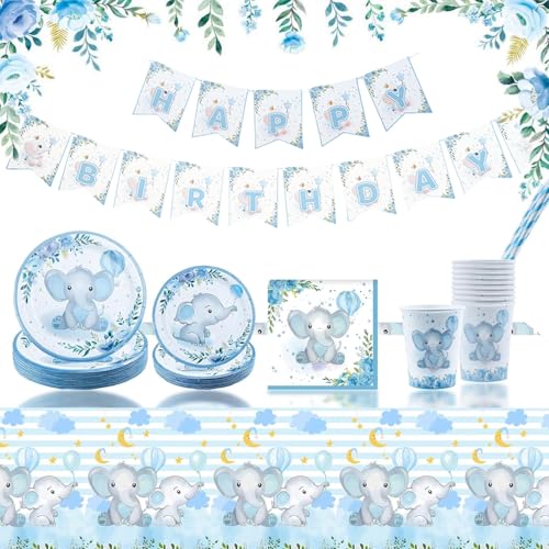 Lunriwis Elephant Boy Baby Shower Party Geschirr Set, Baby Shower Geschlecht Enthüllung Teller Set Dekorationen, Baby Elefant Junge Baby Shower Teller Becher Servietten Strohhalme Banner für 20 Gäste, von Lunriwis