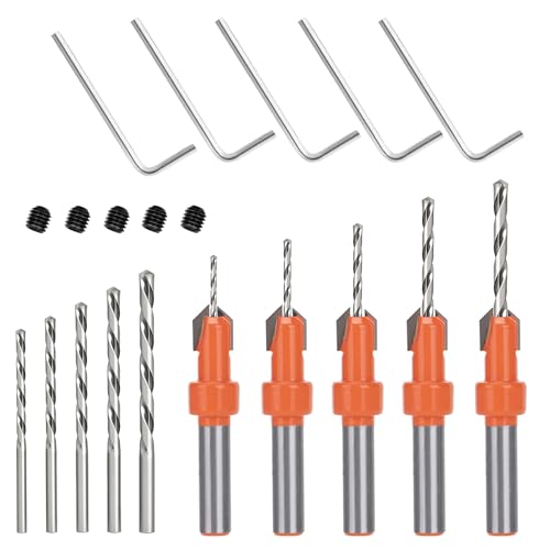 Kegelsenkerbohrer, 5 Kegelsenker-Bohrer-Sets mit 5 verschiedenen Größen, 5 austauschbare HSS-Bits und 5 Sechskantschlüssel für Holzbohrungen, Kunststoff, weiches Metall, PVC von Lunyloer