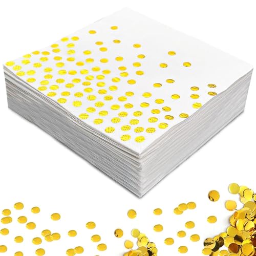 Servietten Gold Dots, 60 Stücke Golden Foiled Papierservietten, 2-lagig Weiße Serviette mit Goldenen Punkten, Paper Napkins für Deko Party,Geburtstag, Hochzeit und Feiertagsfeier 33 x 33 cm von Lunyloer