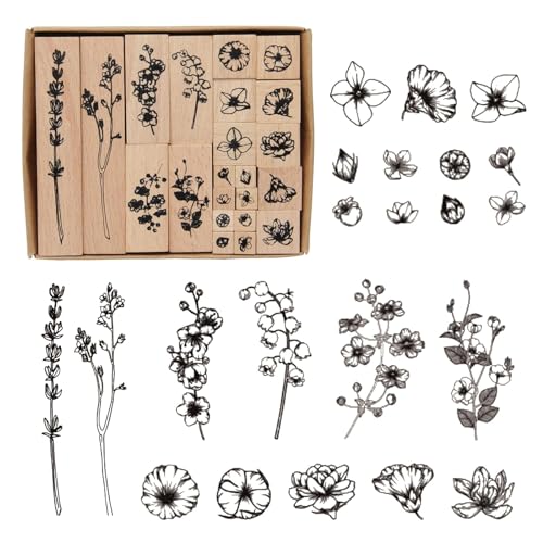 Stempel Blumen, 22 Stück Stempel Holz, Holzstempel Stempelset, Gummi Stempelset zum Basteln Stempel aus Holz und Gummi Blumen Dekorativer Montierte Stempel Pflanzen Stempel von Lunyloer