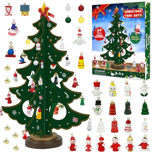 Adventskalender 2024 Holz Weihnachtsbaum mit 35 Ornamenten 24 Tage Countdown Adventskalender mit Tischplatte Weihnachtsbaum Überraschungen Weihnachtskalender für Erwachsene Jungen Mädchen Geschenke von Lupxiu