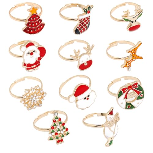 Lurrose 11-teiliges Weihnachtsring-Set mit Baum, Weihnachtsmann, Elch, Fingerring, Weihnachtsschmuck, Unisex-Ringe, Weihnachtsgeschenke, Partygeschenke für Frauen und Mädchen von Lurrose