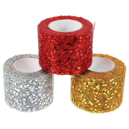 Lurrose 3 Rollen volle Frühlingszwiebelmasche DIY-Material Pailletten-Tüllband dekoratives Tüllband DIY-Netzband gesc hochzeitsdeko Festival-Mesh-Band handgefertigter Tüllstoff Polyester von Lurrose