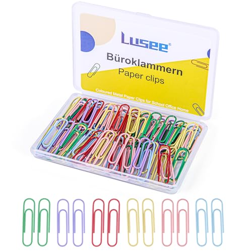 LUSEE 200 Stück Büroklammern Bunt, 33mm Briefklammern Büroklammer Brief Aktenklammern Paperclips Büroklammern Set (Metall, 6 Farben, Farbmischung) von LUSEE