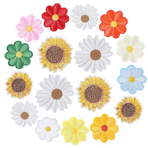 17 Stück Blumen Patches zum Aufbügeln Groß Kleider Stickerei Gänseblümchen Sonnenblumen Bügelbilder Nähflicken Blumen Aufnäher Bügelflicken Kinder für Rucksäcke Hüte Jeansflicken Draufbügeln Jacken von Lusofie