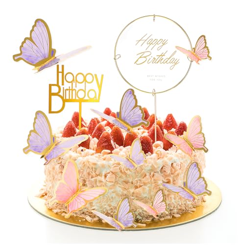 22 Stück Schmetterlinge Tortendeko 3d Schmetterlinge Deko Torte Happy Birthday Tortendeko Geburtstag Schmetterling Cake Topper Für Party Kuchen Dekoration Für Mädchen（Lila + Rosa) von Lusofie