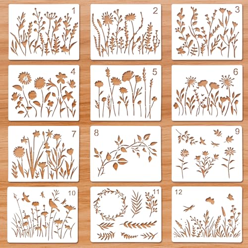 24 Stück Tagebuch Schablonen Für Bastelarbeiten Wiederverwendbar Journal Stencils Set 15 X 12 Cm Blumen Blatt Schablonen Zum Zeichnen Und Malen FüR Journaling DIY Scrapbooking(12 Stile) von Lusofie