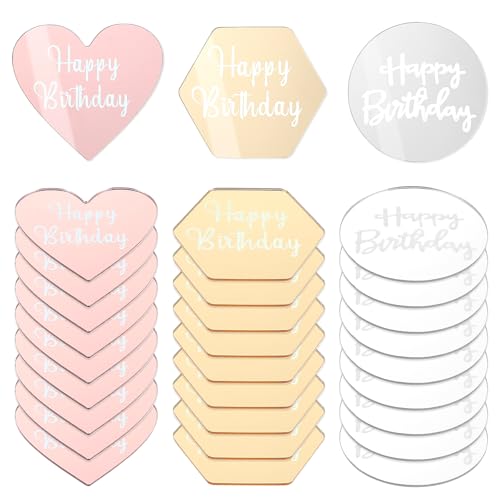 30 Stück Happy Birthday Tortendeko Acryl Cake Topper Rund Herzförmig Sechseckig Cupcake Dekoration für Geburtstag Hochzeit Jahrestag Party Dekoration (Gold, Rosa, Silber) von Lusofie