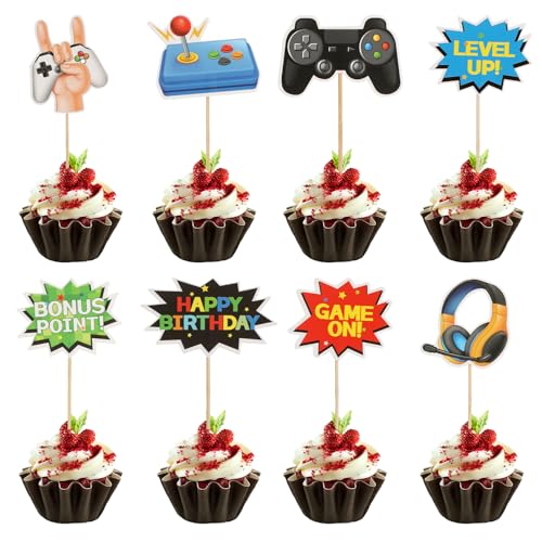 40 Stück Tortendeko Junge Videospiele Torten Deko Tortendeko Gamer 8 Stile Geburtstag Cupcake Topper“Happy Birthday”Kuchen Deko Video Gaming Spiel für Kinder Party Dekoration von Lusofie