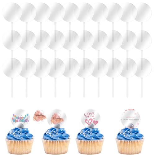 50 Stück Cupcake Toppers zum Beschriften Acryl Kuchen Topper Blanko DIY Rund Torten Cake Topper Leer Kreis Dekoration Können für Geburtstag Weihnachten Babyparty Hochzeitstorte als Dekoration von Lusofie