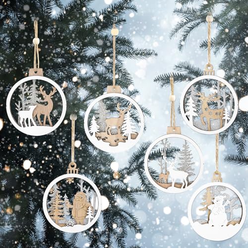 6 Stück Holz Weihnachten Baumschmuck Weihnachten Holzanhänger Bastelset mit Juteseil Schneemann Elch Weihnachtsschmuck von Lusofie