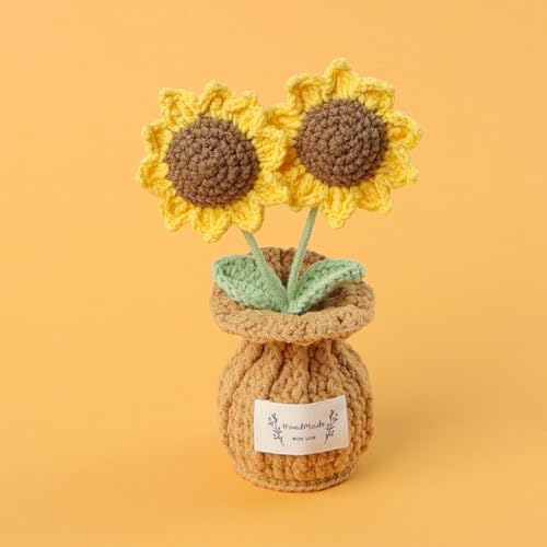 Lutoku Sonnenblumen-Häkelblumen-Pflanze, kleine süße handgefertigte gestrickte Blumen mit Vase, kleine gehäkelte künstliche Blumenpflanzen für Schreibtisch, Zuhause, Auto, Armaturenbrett, von Lutoku