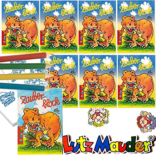 Lutz Mauder - 8 x Zauberblöckchen * Dinosaurier * in DIN A8 plus Buntstifte im Set | Zauberblock Mitgebsel für Kindergeburtstag | Dino Saurier T-Rex von Lutz Mauder