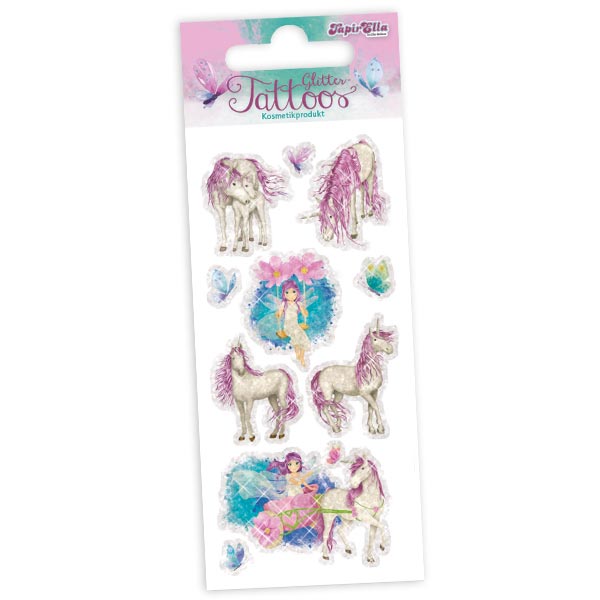 Elfe mit Einhorn Glitter-Tattoos, 1 Karte mit 8 Kindertattoos von Lutz Mauder