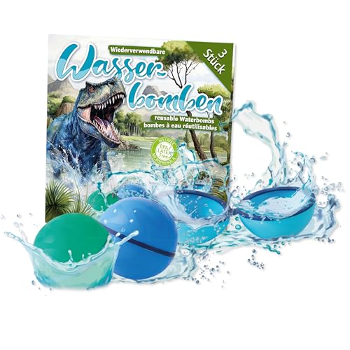 Lutz Mauder 3 wiederverwendbare Wasserballons, Verpackung im Dino Style, farbige Wasserbomben Silikon ohne Aufdruck, schnell befüllbar mit Magnetverschluss, Kinder, Erwachsene, Outdoor, Garten, Pool von Lutz Mauder