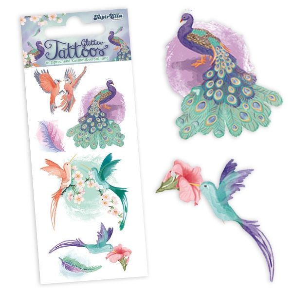 Paradiesvögel Glitter-Tattoos, 7&nbsp;Klebetattoos für Kinder, glitzernd von Lutz Mauder