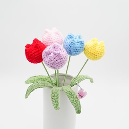 Handgefertigte Häkelblumen, gehäkelte Tulpenblumen mit Blatt und langem Stiel, verschiedene Farben (geschlossen, Blau, Rot, Lila, Rosa, Gelb, 5) von Lux2U