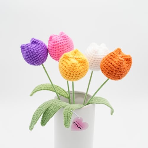 Handgefertigte Häkelblumen, gehäkelte Tulpenblumen mit Blatt und langem Stiel, verschiedene Farben (geschlossen, Weiß, Orange, Lila, Rosa, Gelb, 5) von Lux2U