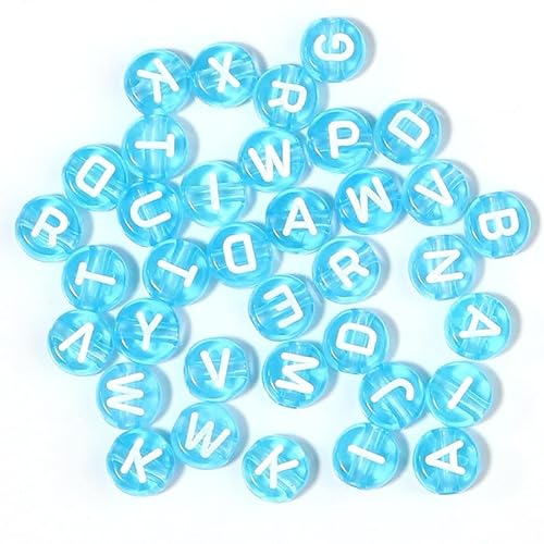 Transparente Buchstaben-Perlen für selbstgemachte Schmuckherstellung, Armbandherstellung, Halskette, Perlen für Erwachsene und Kinder, 6,6 mm, ca. 100 Stück (Hellblau mit Weiß) von LuxSicMo