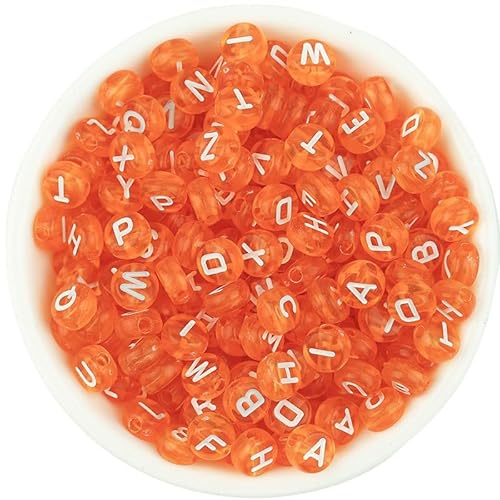 Transparente Buchstaben-Perlen für selbstgemachte Schmuckherstellung, Armbandherstellung, Halskette, Perlen für Erwachsene und Kinder, 6,6 mm, ca. 100 Stück (Orange mit Weiß) von LuxSicMo