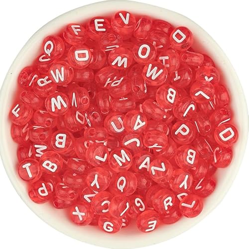 Transparente Buchstaben-Perlen für selbstgemachte Schmuckherstellung, Armbandherstellung, Halskette, Perlen für Erwachsene und Kinder, 6,6 mm, ca. 100 Stück (Rot mit Weiß) von LuxSicMo