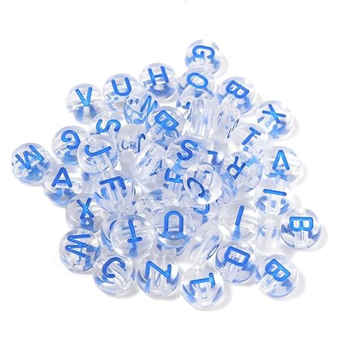 Transparente Buchstaben-Perlen für selbstgemachte Schmuckherstellung, Armbandherstellung, Halskette, Perlen für Erwachsene und Kinder, 6,6 mm, ca. 100 Stück (weiß mit blau) von LuxSicMo