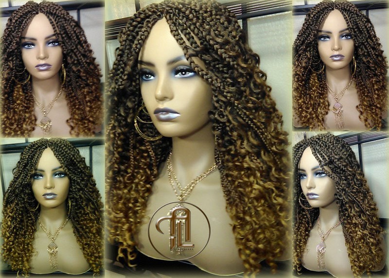 Box Braid Boho Kurze Lockige Perücke 36 cm Braun Auburn 30 27 Honigblond Distressed Goddess Braids Lockiges Haar von LuxxxStyleBoutique