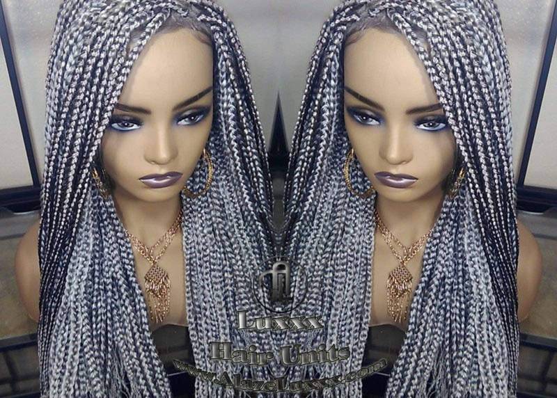 Box Braid 44 51 Perücke Grau Silber Spitze Babyhaar Sturm Lang Mittelger Gerade Kleberlos Lace Pre Stretched Flechtenhaar von LuxxxStyleBoutique