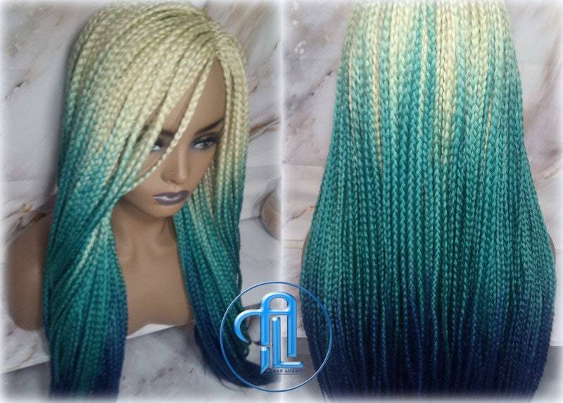 Box Braid Perücke Creme-Weiß Blond Seeblau Königsblau Zopf-Perücke Lang Ombre Cremegrün Türkis Blau Meerjungfrau Haar Multi Color von LuxxxStyleBoutique