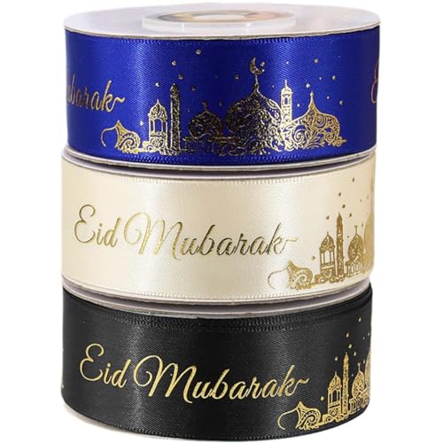 Luxylei 3 Rollen Eid-Mubarak-Band, 2,5 cm, Ramadan-Mubarak-Band Wortmustern, DIY-süßigkeitstüten, Eid-geschenkverpackungsband von Luxylei