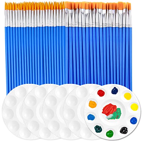 65-teiliges Pinsel-Paletten-Set für Kinder, 60 flache kleine Pinsel + 5 runde Farbschalen-Paletten, Nylon-Haar-Detail-Pinsel für Malerei, Party, Klassenzimmer, Acryl, Öl, Aquarellmalerei von Luyi-Life